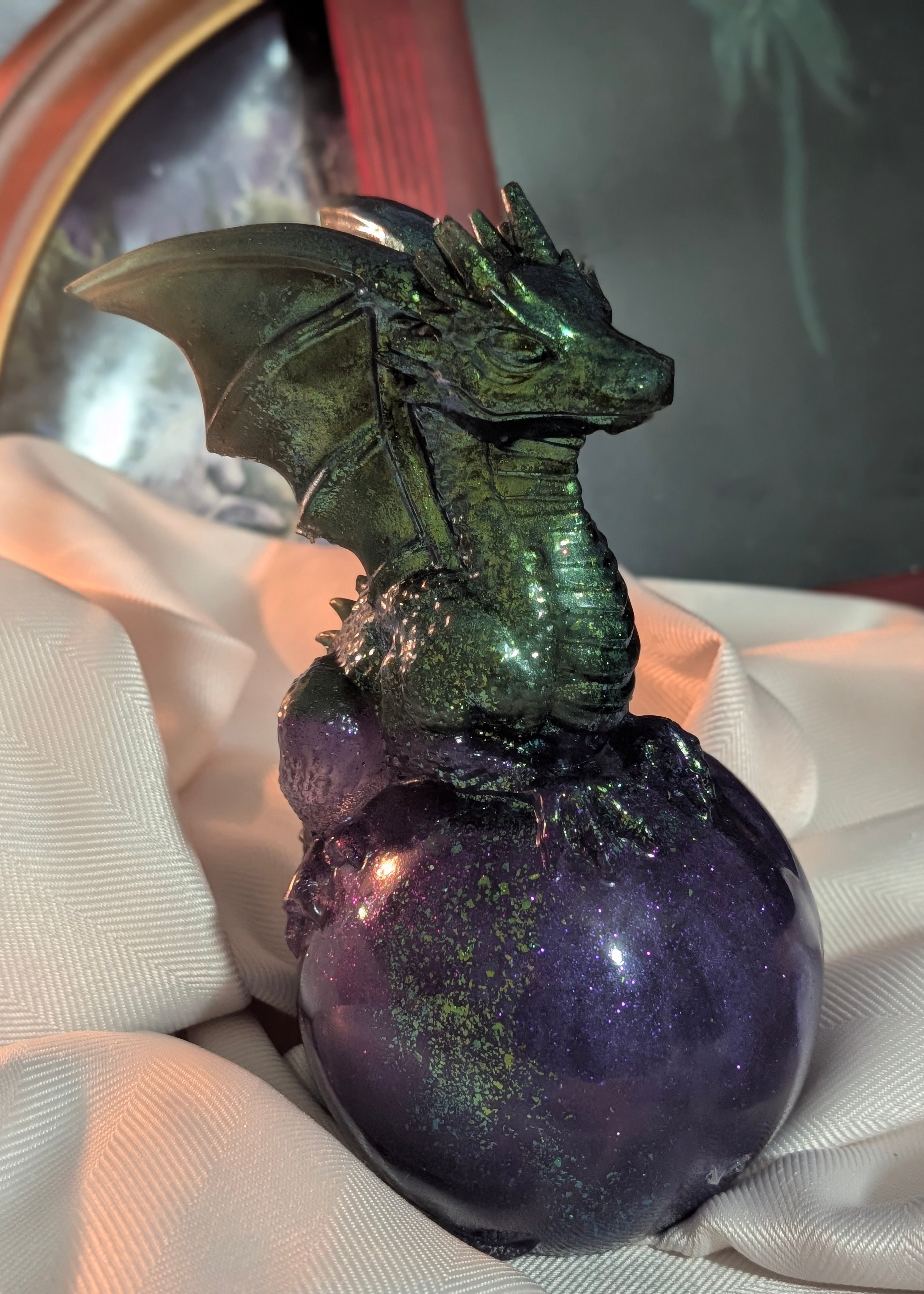 Handmade Resin Dragon Figurine – Green & Purple Fantasy Sculpture