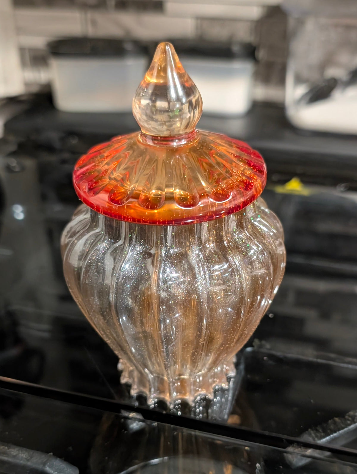 Scalloped Edge Jar with Lid Orange &amp; Black Translucent