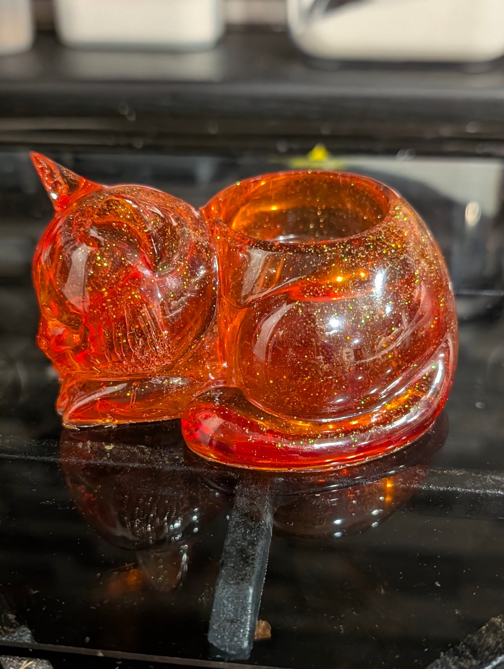 Sleeping Cat Tealight Holder | Orange Glitter Translucent | Handmade Epoxy Resin