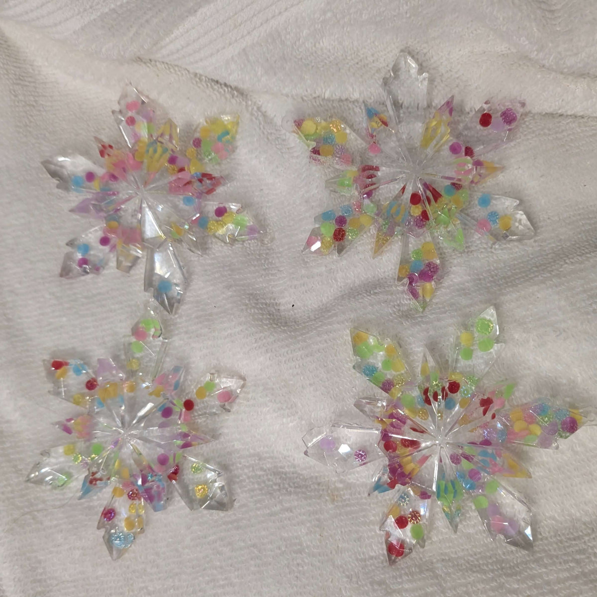 Handmade Clear Resin with Confetti Snowflake Christmas Ornament Set of 4 – Colorful Confetti