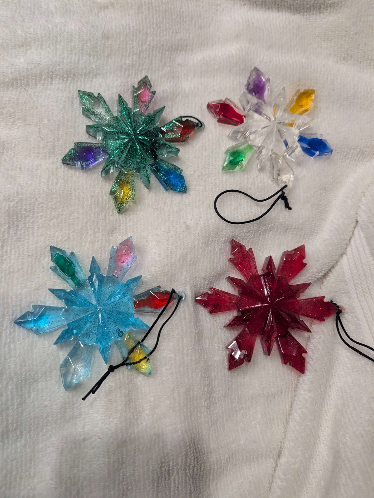 Handmade Resin Snowflake Christmas Ornament Set of 4 – Green, Clear, Blue &amp; Red