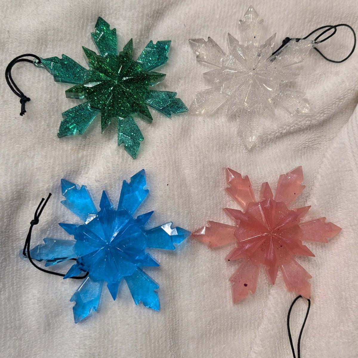 Handmade Resin Snowflake Christmas Ornament Set of 4 – Green, Blue, Pink &amp; Clear