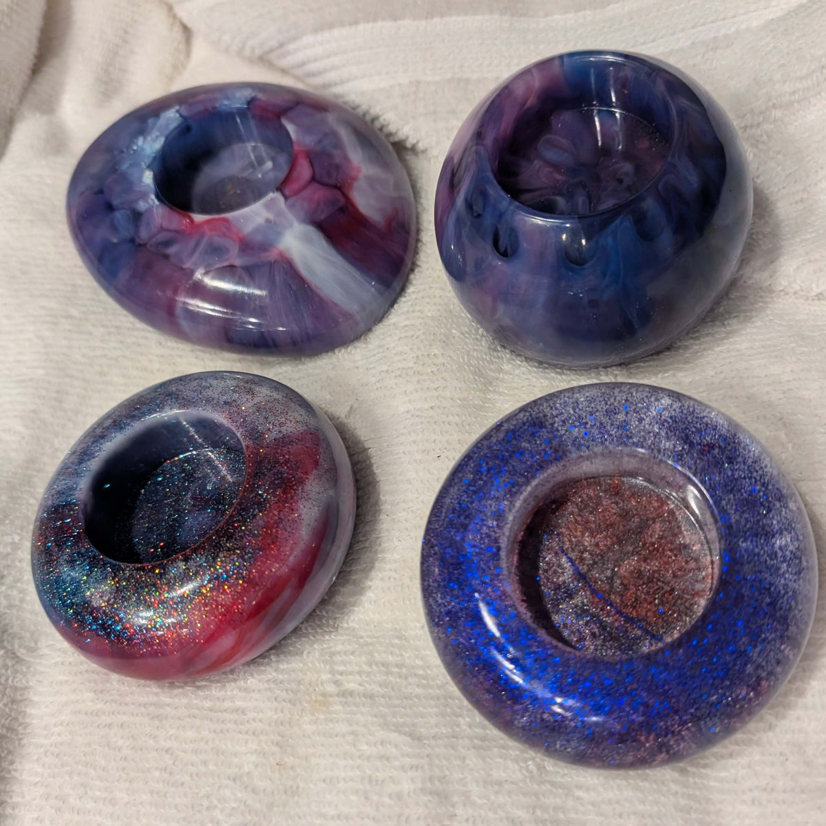 Handmade Cosmic Resin Tea Light Burner Set of 4 – Blue, Red &amp; White Glitter Swirl