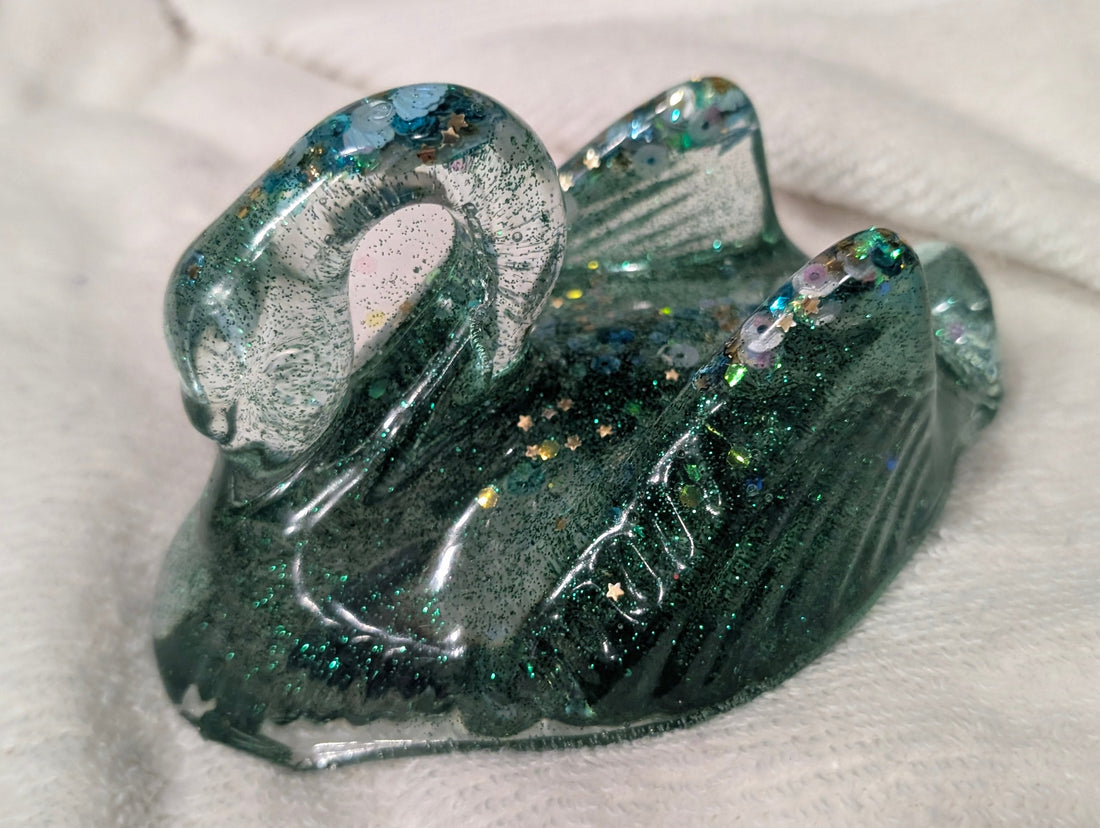 Translucent Green Resin Swan Figurine with Sparkle &amp; Confetti