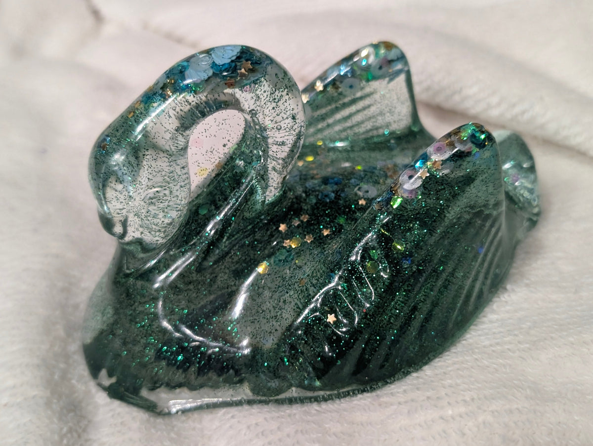 Translucent Green Resin Swan Figurine with Sparkle &amp; Confetti