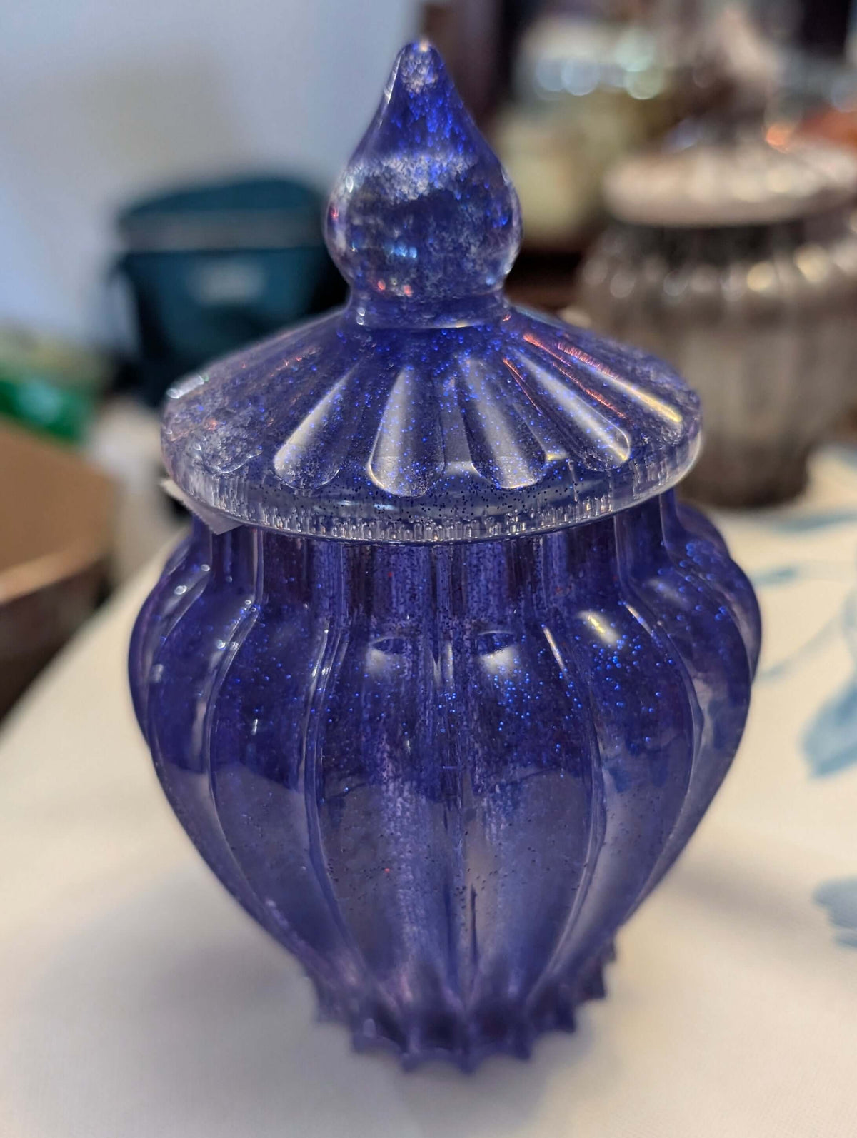 Scalloped Edge Jar with Lid – Translucent Blue Glitter